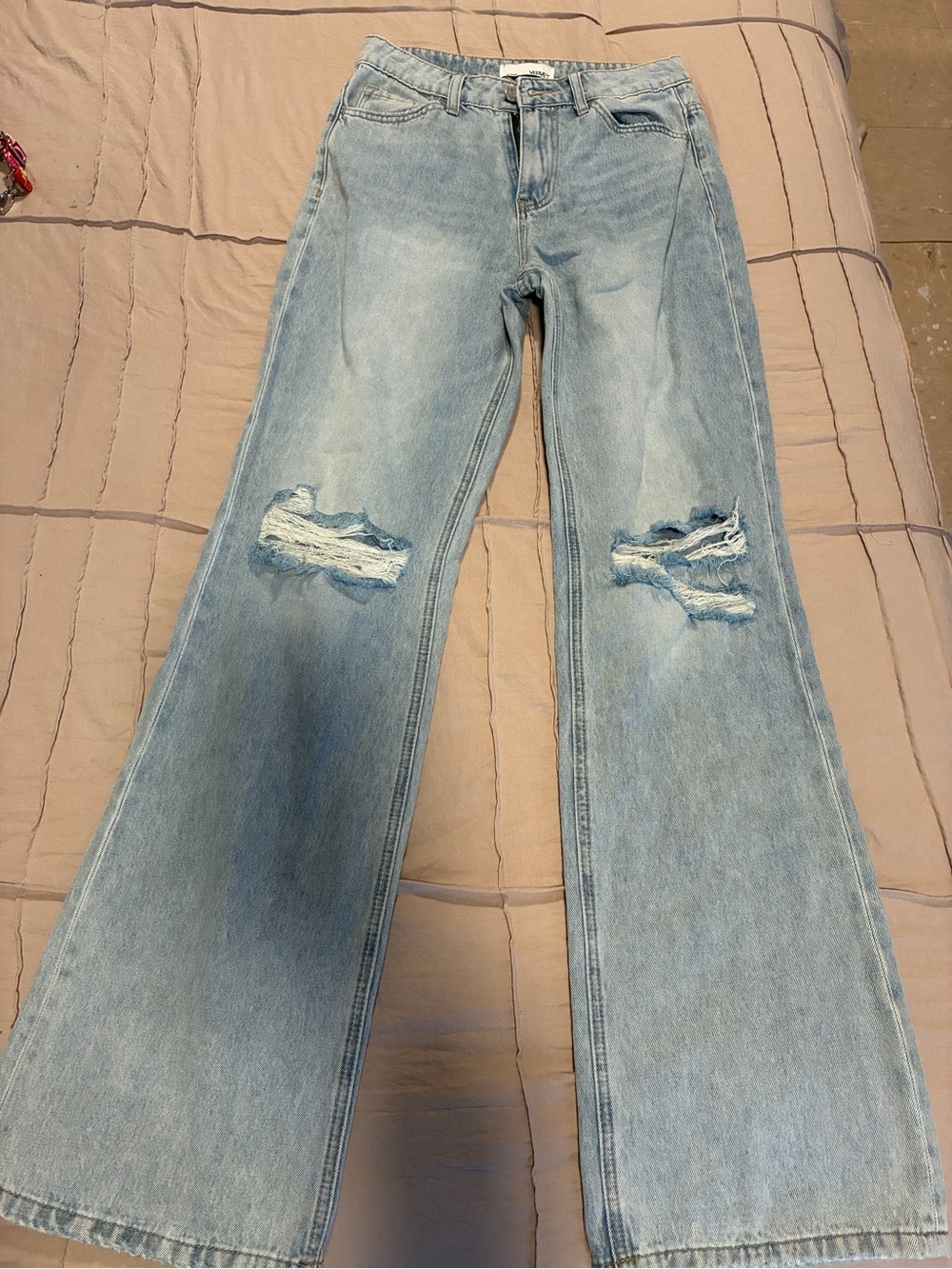Light Wash Wide Leg Distressed Jeans - Women's Flare